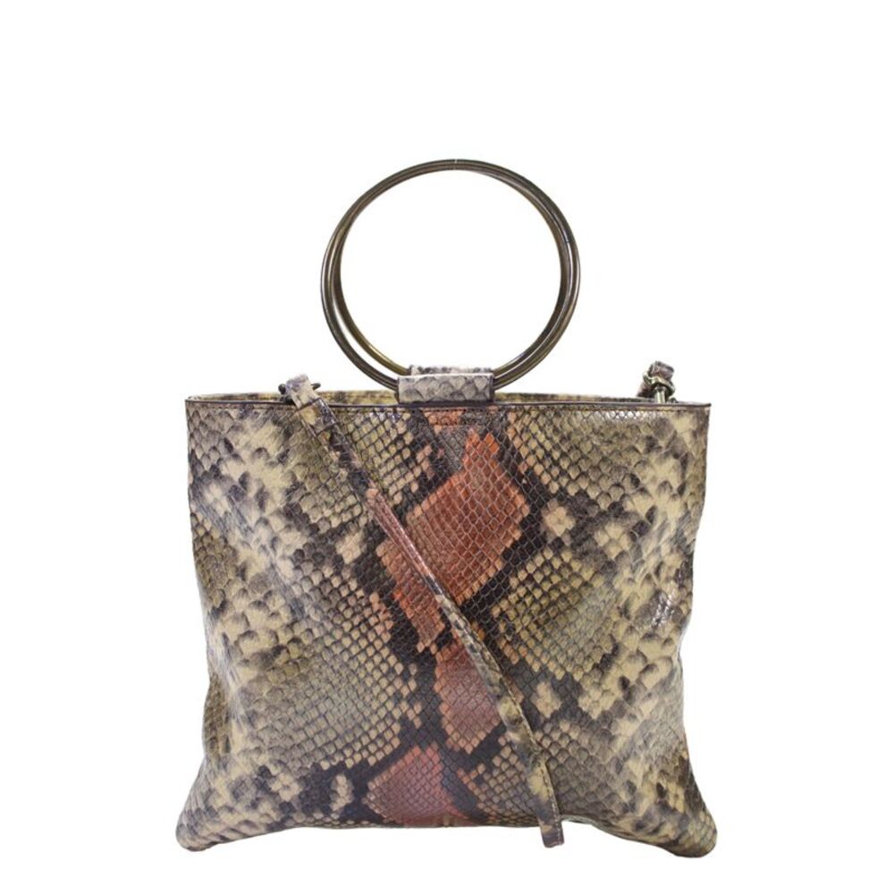 Thacker Womens Embossed Animal Print Circular Handle Flat Brown Handbag